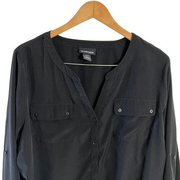 Lane Bryant Black Button Up Blouse Size 18 20 Long Roll Tab Sleeves Pockets Top - Picture 2 of 6
